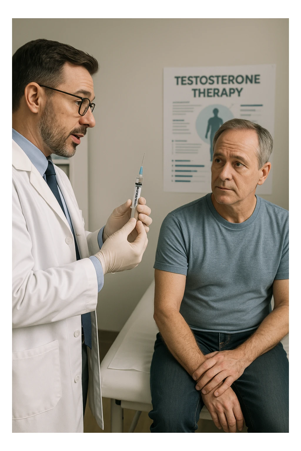 a doctor in a white coat prepares a syringe labeled “Testosterone” while a middle-aged man sits calmly on the examination table, sleeve rolled up and looking slightly apprehensive but trusting. The doctor explains the procedure, and a medical chart about testosterone therapy is visible in the background. The mood is professional and reassuring. sticker