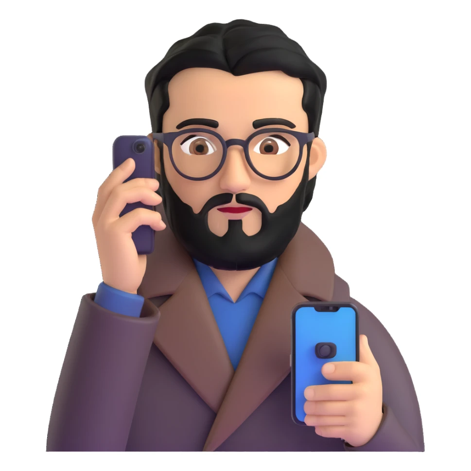 professional man with medium black beard, black hair combed to one side, connected unibrow, olive tan skin, brown eyes, glasses, prominent nose, wearing black coat, intently looking at and interacting with smartphone screen, with subtle office background sticker