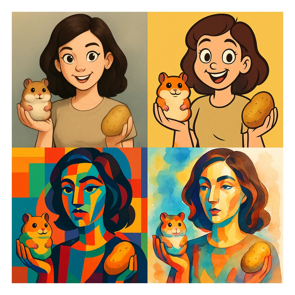 a woman with a hamster in her left hand and a potato in her right, different art style sticker