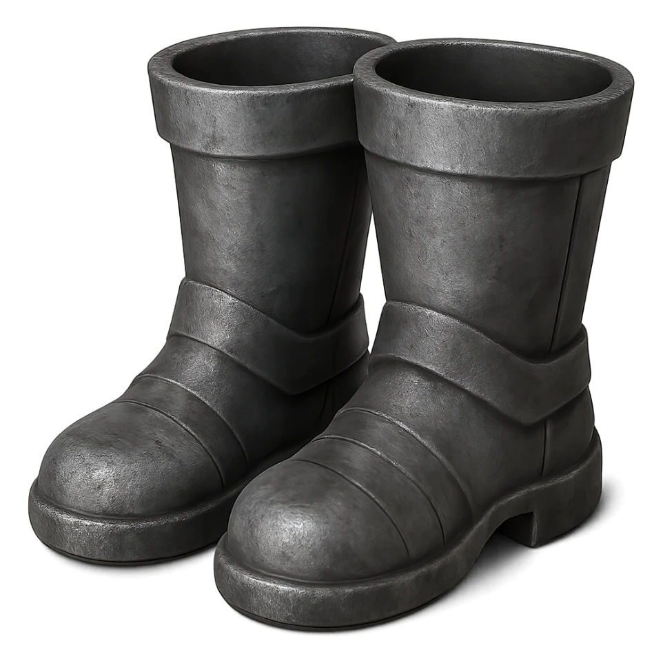 Create an iron version of these boots with the same shape, looking a little worn and realistic metallic iron. The style should emulate emoji style with a transparent background. sticker