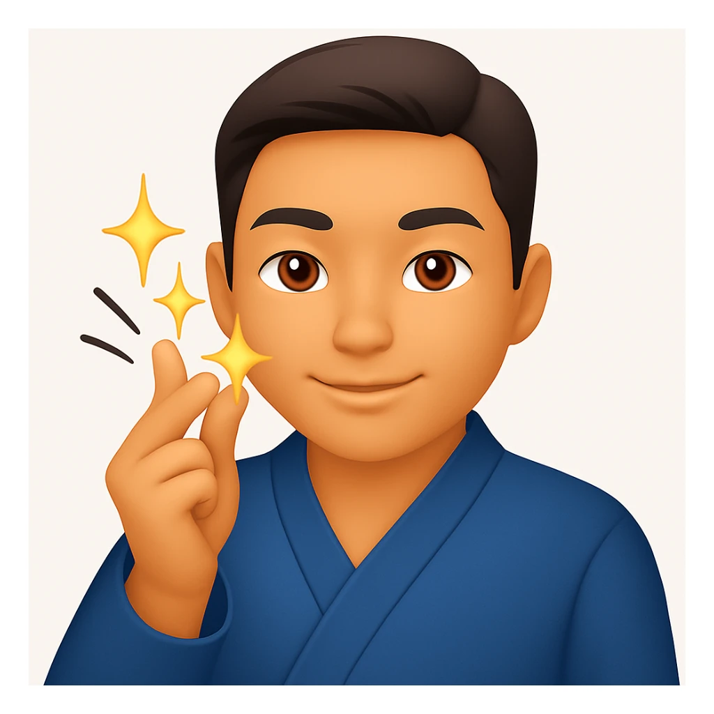 Change the man's jacket to a blue color, keep the dynamic finger snap motion and emoji style sticker