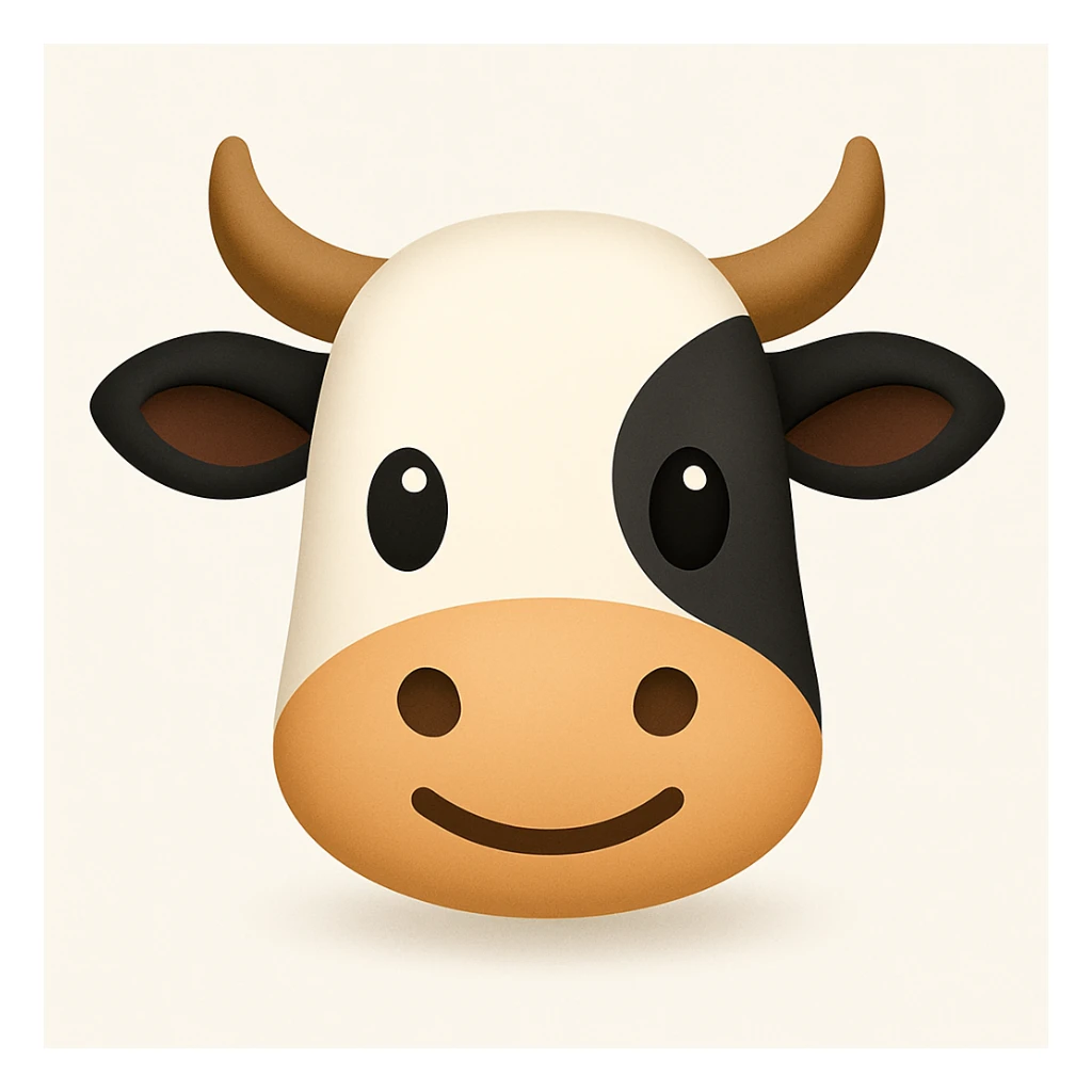 Create a simplified, friendly cow face emoji similar to the reference image. The emoji should have black and white markings and horns, with a soft shadow added under the face, in a simplified emoji-like style. sticker