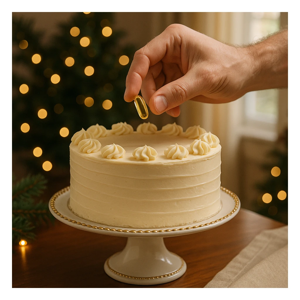 realistic style, hand placing a supplement capsule on an elegant cake, festive atmosphere, refined details, home environment sticker