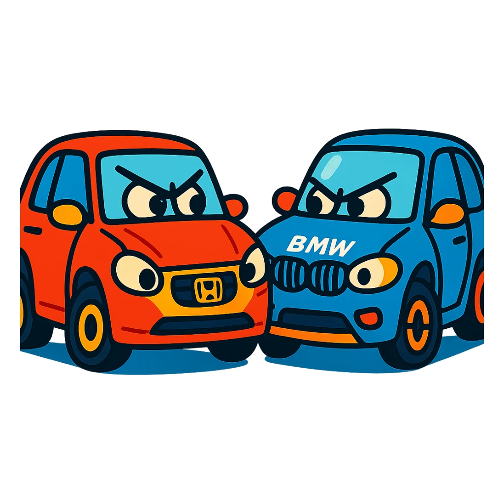 Honda and BMW cars in a fun face-off, vibrant colors sticker