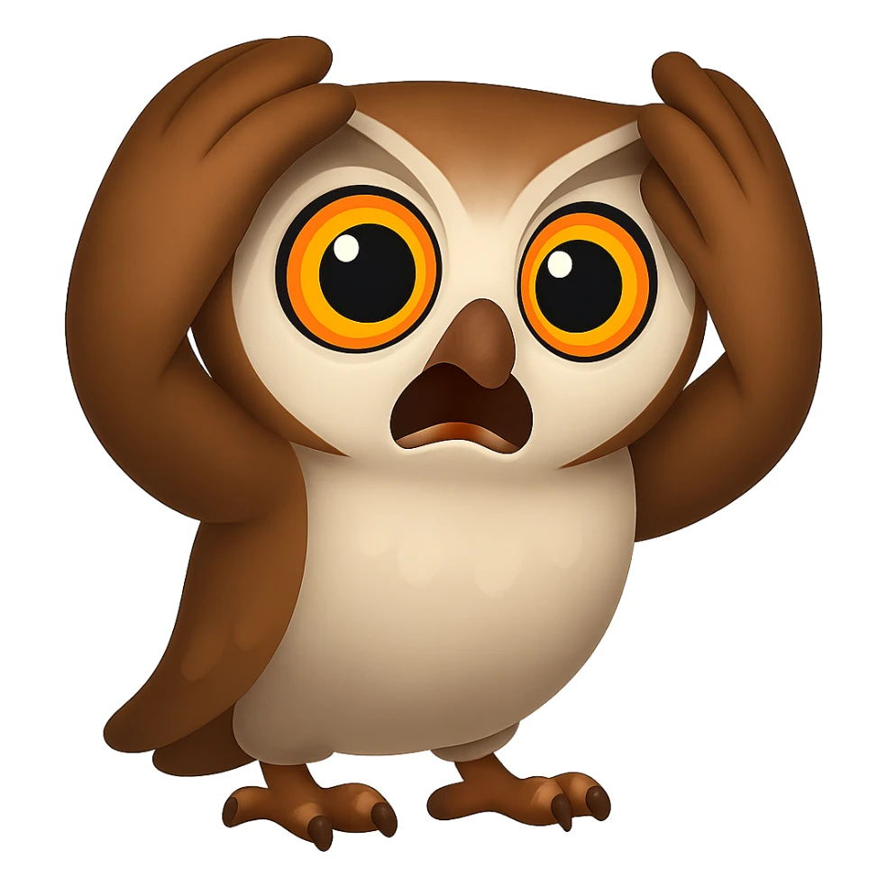 В стилистике эмоджи сгенерируй сову, она в панике хватается крыльями за голову, прозрачный фон sticker