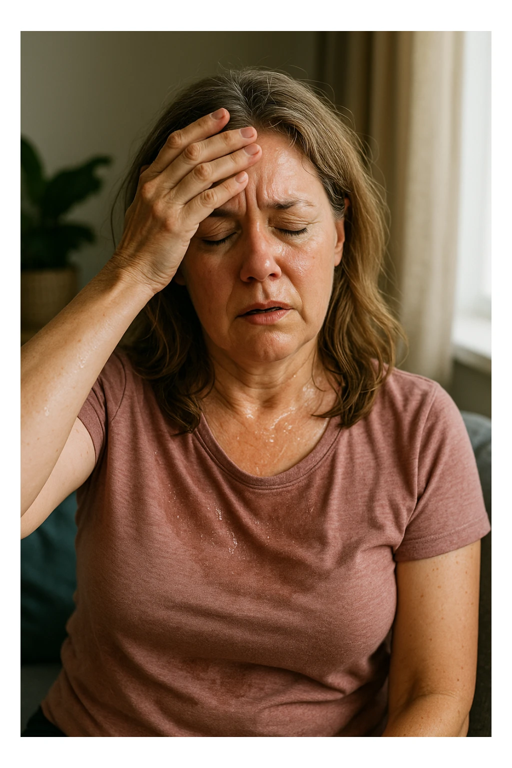 Donna in menopausa con sintomi evidenti. immagini specifiche, senza testo. immagini realistiche 4k sticker