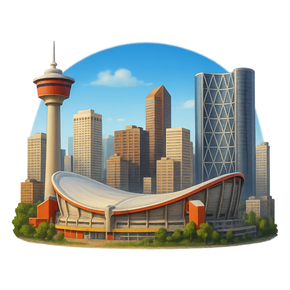 cinematic, realistic emoji of Calgary, featuring a skyline with iconic landmarks such as the Calgary Tower, Saddledome, and the Bow Building, with lifelike detail, accurate colors, bright lighting, wide city view, fully transparent background sticker