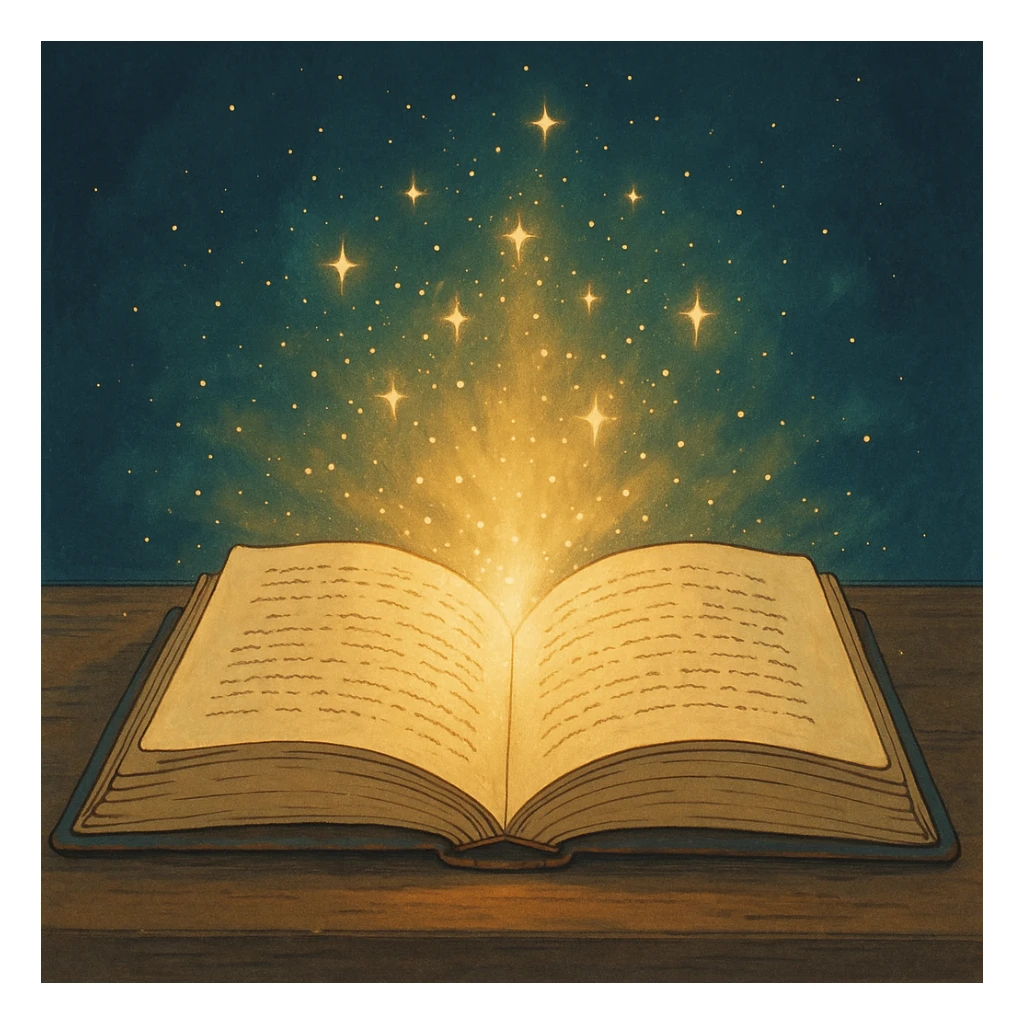 ghibli style open book with magical glow sticker