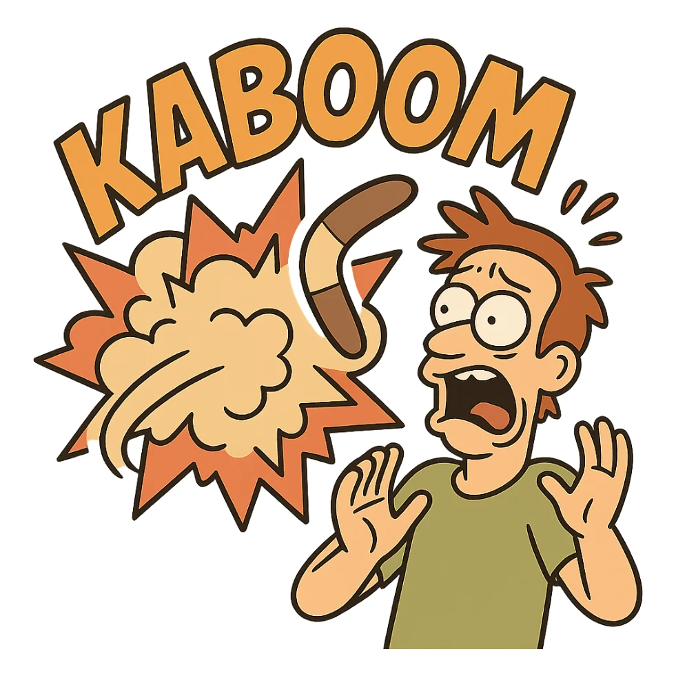 comic-style kaboom with a boomerang spinning out of the explosion, visually blending the two ideas into 'kaboomerang' sticker