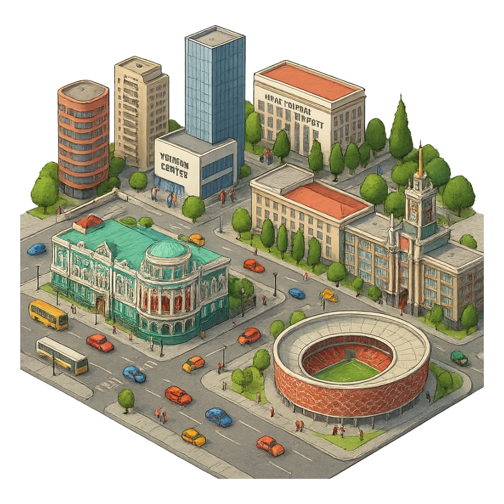 Изометричная миниатюрная фотореалистичная 3D модель Екатеринбурга - Дом Севастьянова, Ельцин-центр, Уральский федеральный университет, дома, Екатеринбург Арена, Медный дом, Здание Свердловского городского совета народных депутатов четкая детализация, яркие цвета, мультяшный реализм, люди, автотранспорт, компактная композиция, вид сверху в изометрии, прозрачный фон sticker