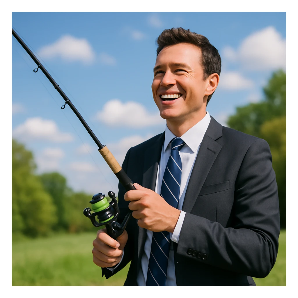 businessman fishing, professional attire, holding a fishing rod, outdoors, cheerful expression sticker
