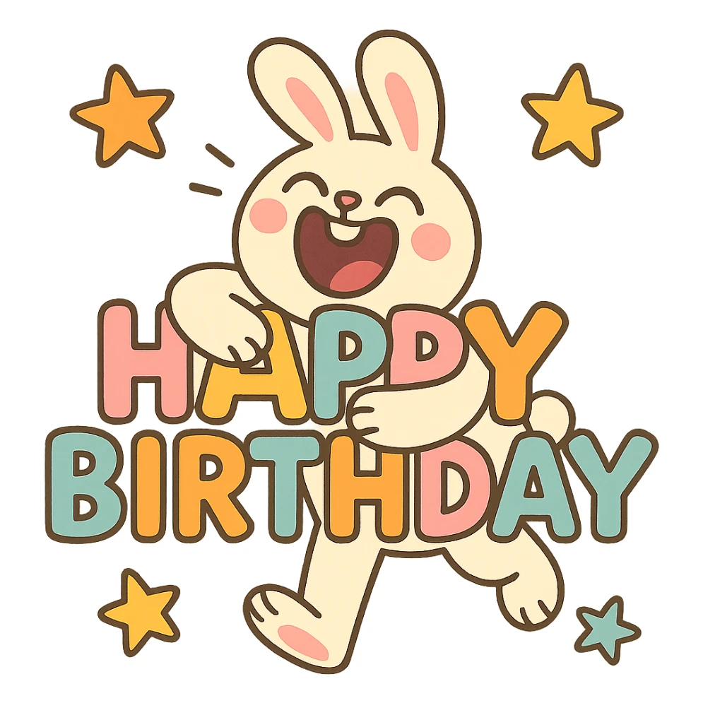 full-body laughing bunny hugging "Happy Birthday" letters with stars, pastel-toon style sticker