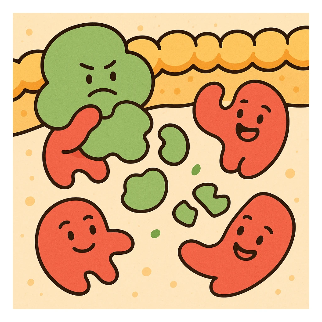 A realistic really detailed of enzymes (red) breaking down starch (green) near a cell membrane (yellow). Macro photography style. No labels. sticker