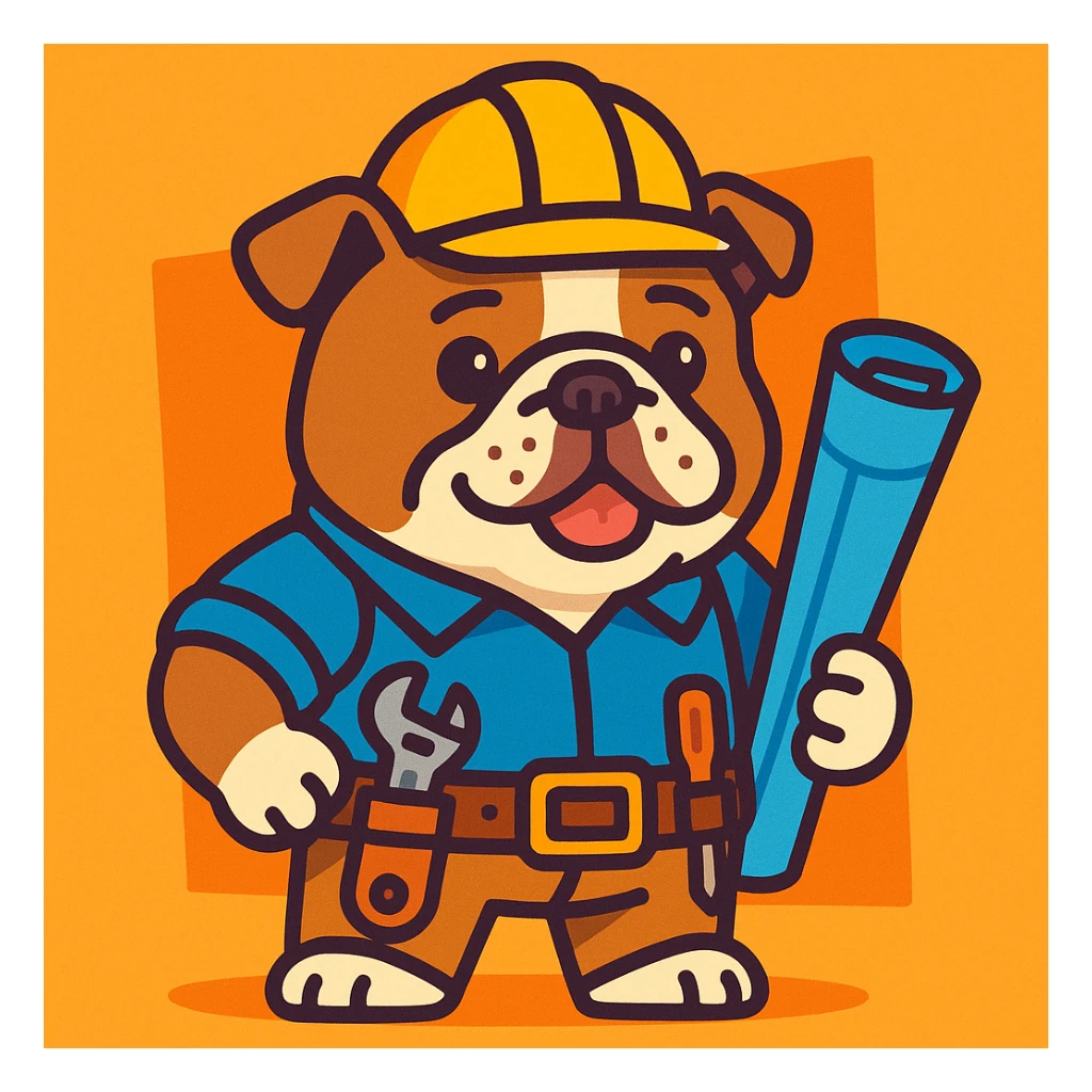 English Bulldog engineer with a tool belt and rolled-up plans, standing confidently, cute style sticker