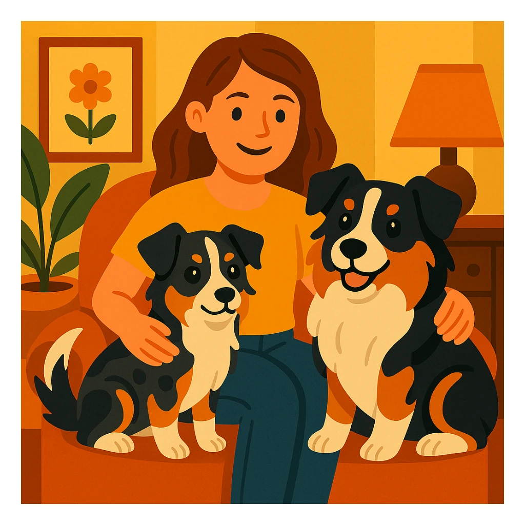 Make the woman younger while keeping her with two mini Australian shepherds, one dainty female and one boyish male, in the same vibrant toon style. sticker