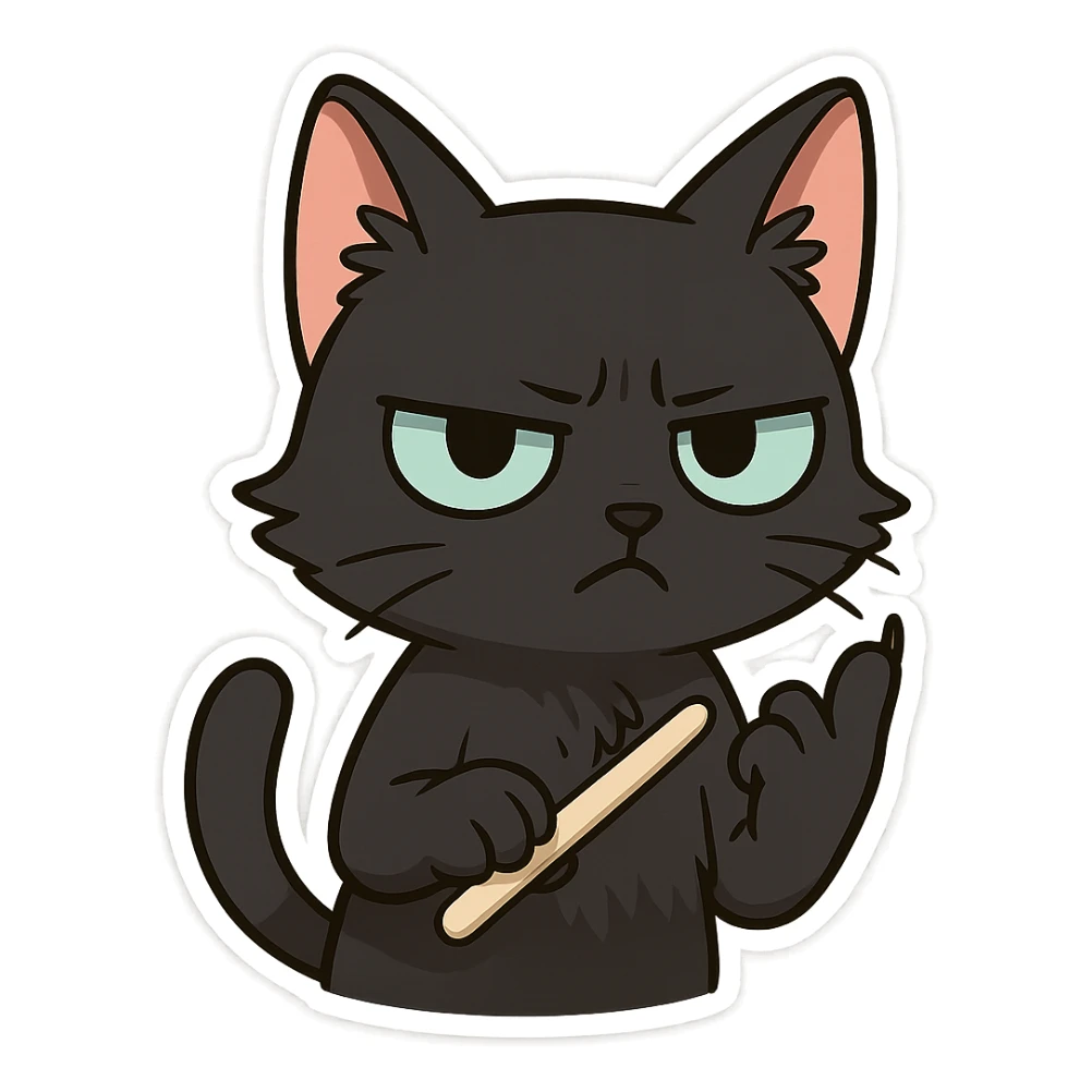A black cat with an impatient expression, holding up its pinky finger and sharpening its claws with a nail knife sticker