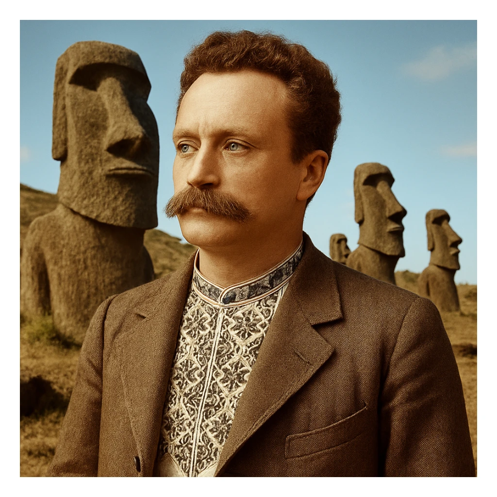 against the backdrop of statues on Easter Island sticker