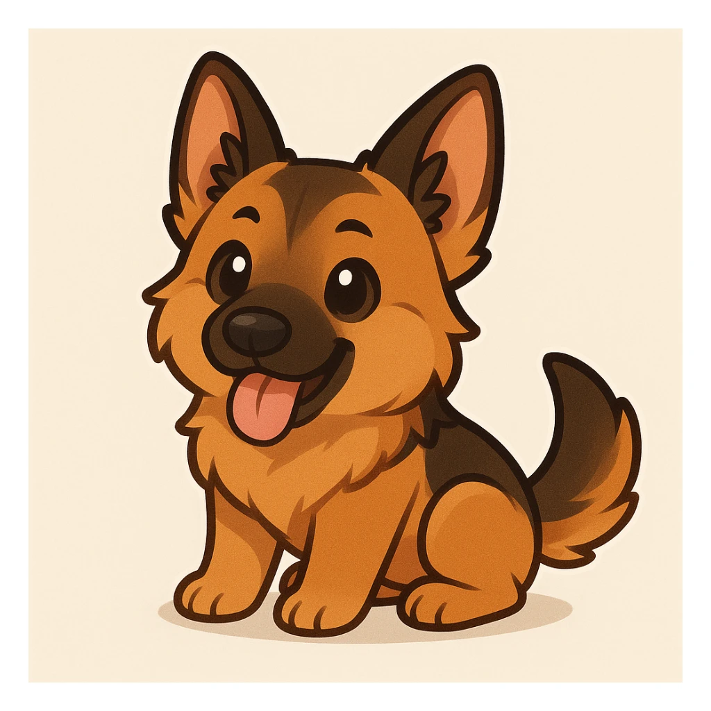 Create a chibi sticker of a playful German Shepherd dog inspired by the left dog in the reference photo, with a simple background. sticker