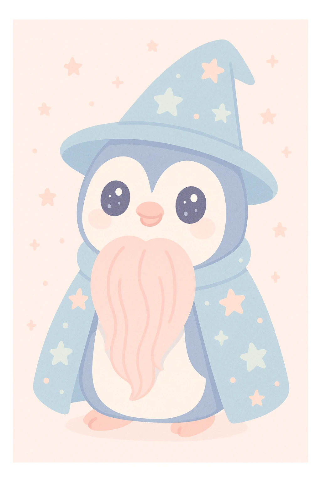 penguin wizard with a long beard and starry cloak, mystical and charming, cute style sticker