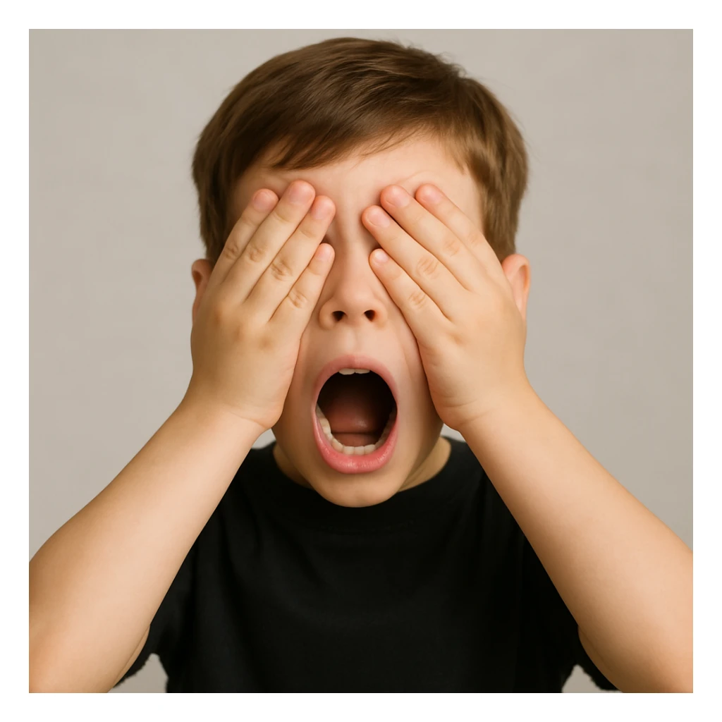 front image of a white boy with brown hair, wide open eyes, wide open mouth, hands covering his eyes, wearing a black shirt, front view sticker
