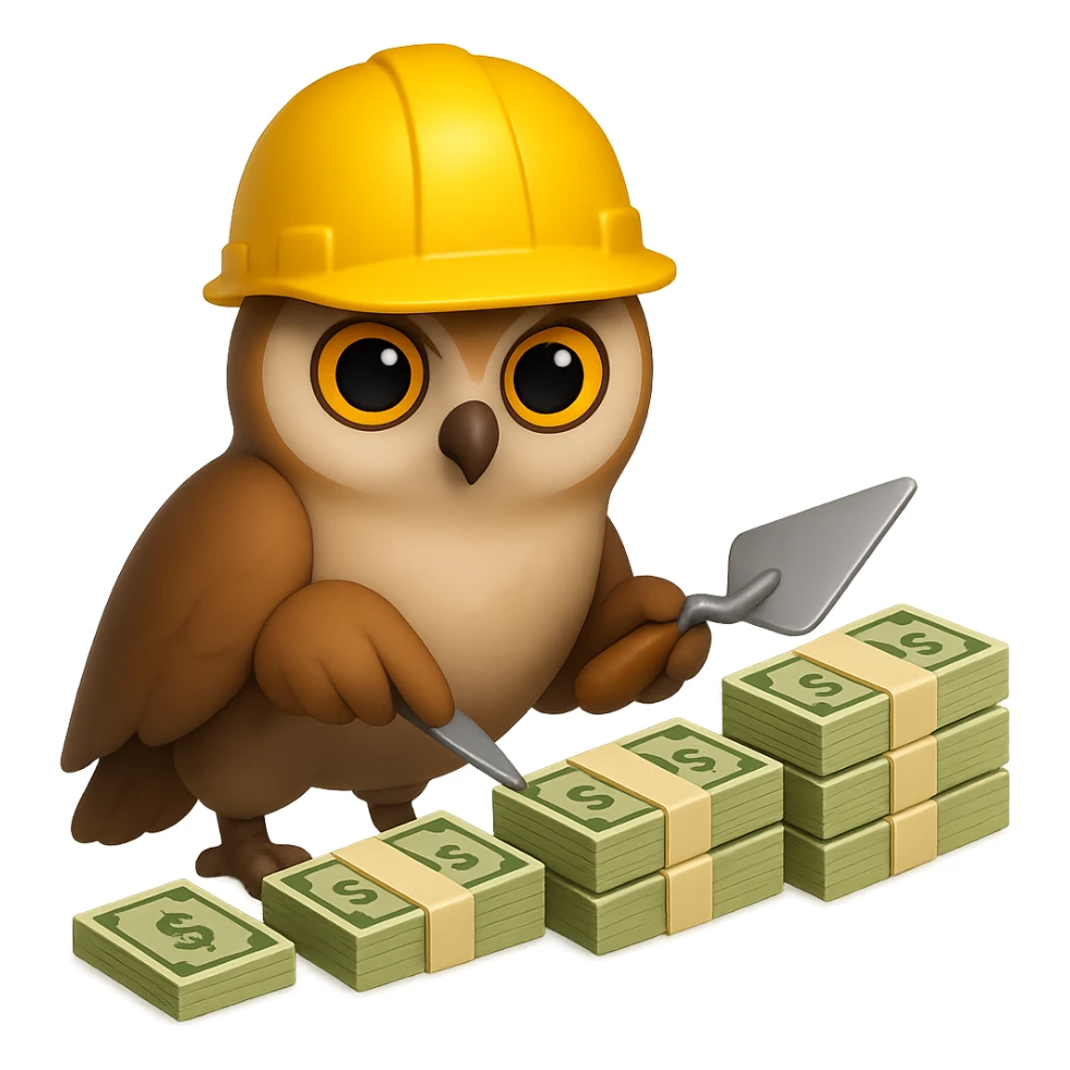 В стилистике эмоджи сгенерируй сову, она в строительно шлеме смотрит ровно на зрителя, но при этом сосредоточено мастерком для цемента выкладывает пачки долларов по переднему плану будто они кирпичи, пачки идут в возрастающем порядке, картинка символизирует "управляемый рост выручки", прозрачный фон sticker
