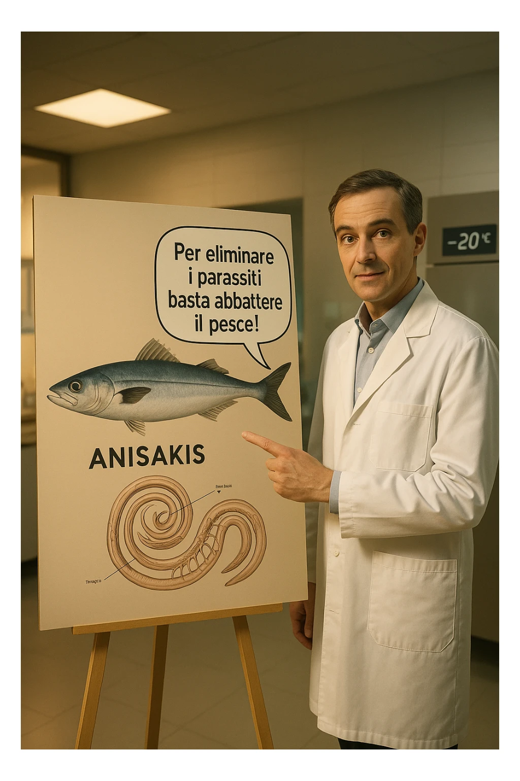 cinematic a scientist in a white lab coat stands beside a large poster showing a fish and a diagram of the Anisakis parasite. The scientist points to a speech bubble that says, “Per eliminare i parassiti basta abbattere il pesce!” In the background, a blast freezer is visible, with a temperature gauge set to -20°C. The mood is informative and reassuring. In italiano sticker