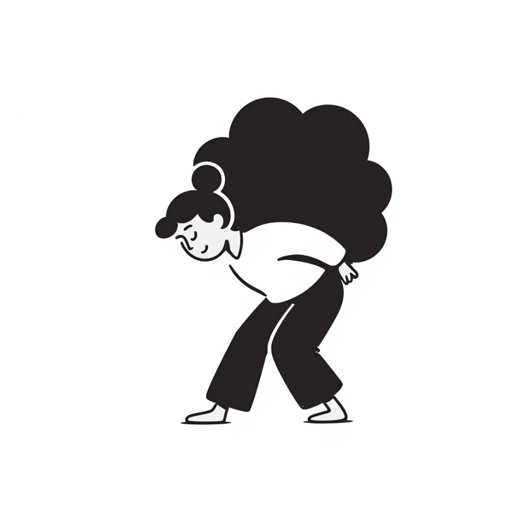a woman straining with a difficult expression carrying something very heavy on her back, hand drawn doodle style sticker
