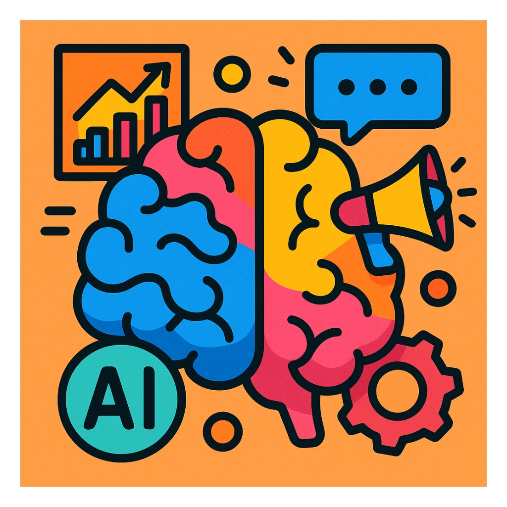 stylized brain with marketing symbols like graph and chat bubble, showing AI-driven marketing innovation, vibrant toon style sticker