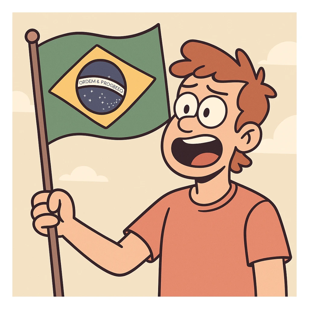 the Brazilian flag fluttering, cartoon style, bold lines sticker