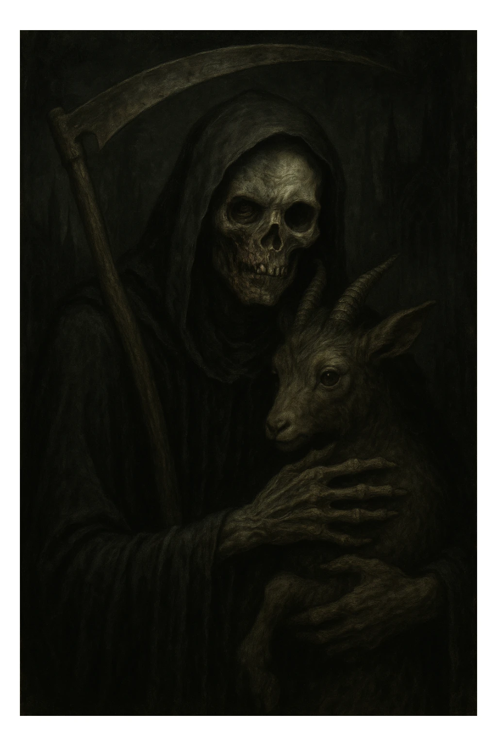 Grim reaper clutching a faun, face half skeletal, half decaying zombie, ominous and gothic style. sticker