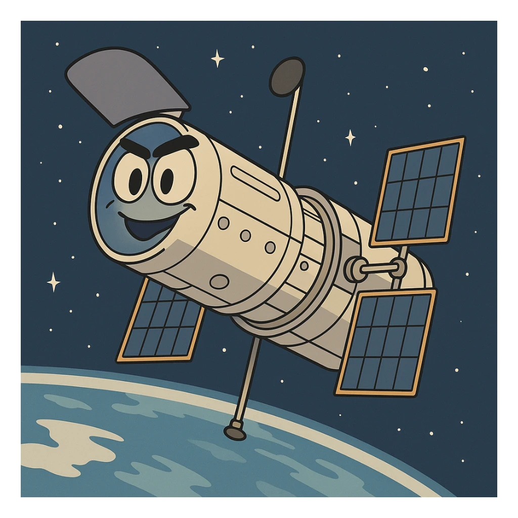 Hubble Space Telescope in orbit, cartoon style, with Earth visible below sticker