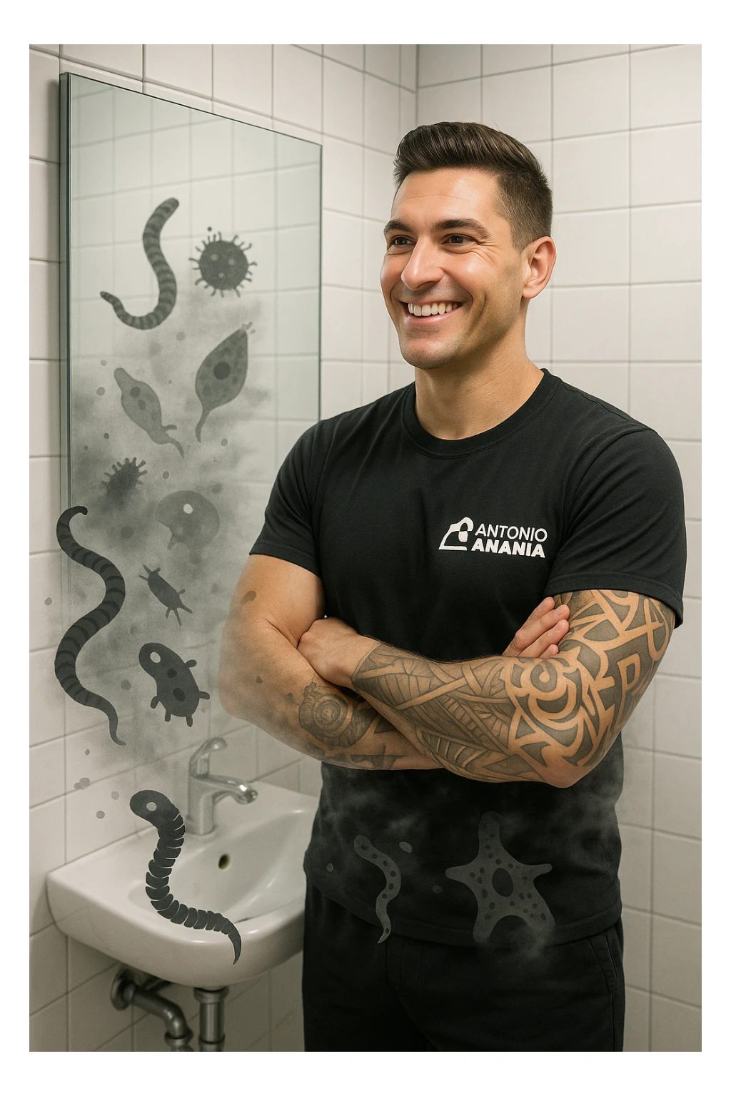 a man stands in a brightly lit bathroom, looking relieved and revitalized as he examines his reflection in the mirror. In the foreground, stylized, shadowy images of parasites (such as worms or protozoa) are shown leaving his body, dissolving into mist or fading away. His posture is upright and his expression is one of newfound energy and health. sticker