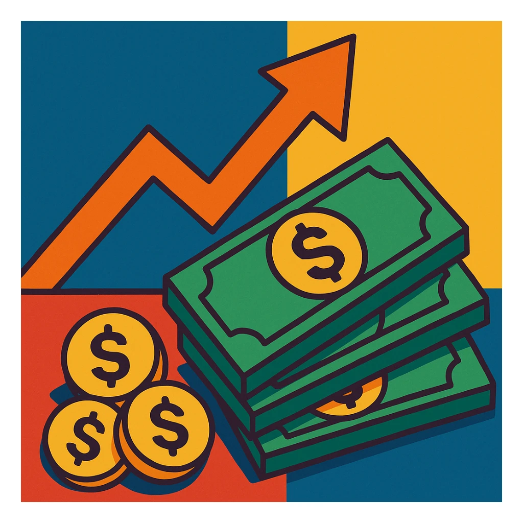 investment concept with upward arrow and money, with a different perspective sticker