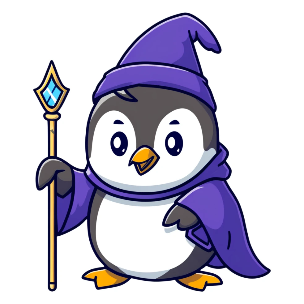 penguin wizard with a magical staff and wizard robe sticker