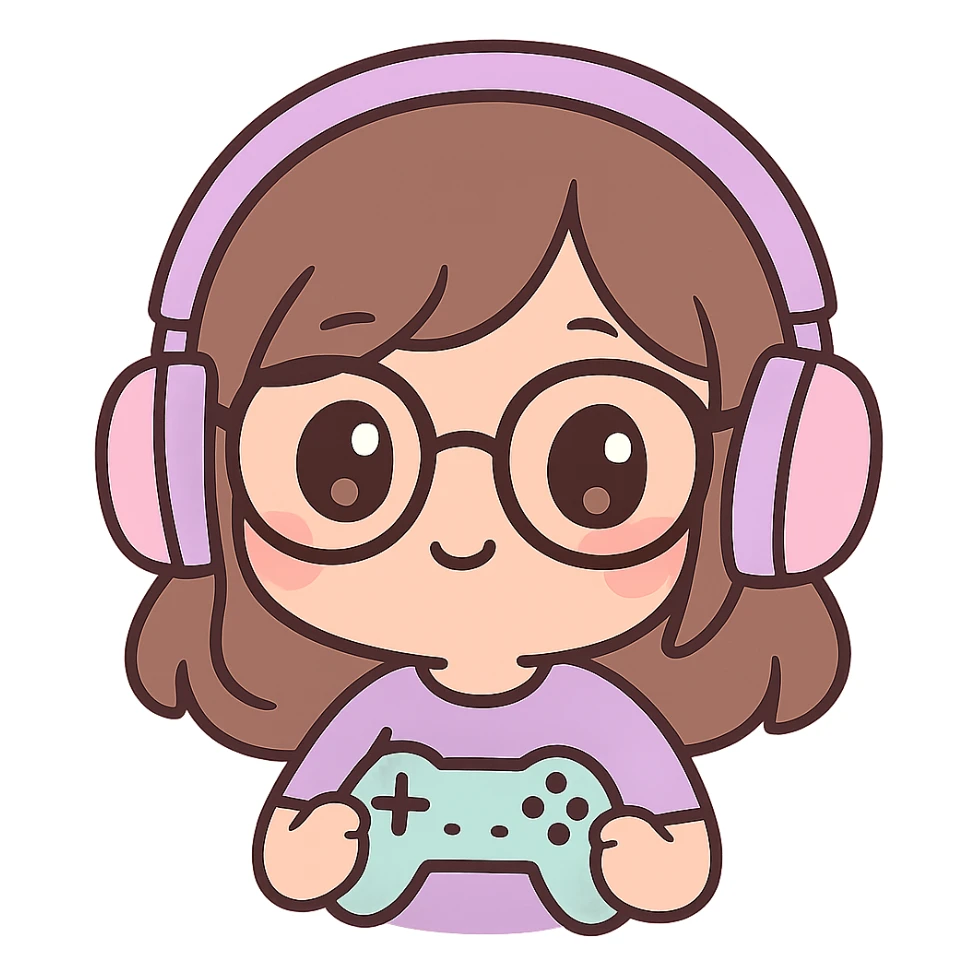 female brunette with glasses and a purple gaming headset, chibi style, holding a game controller sticker