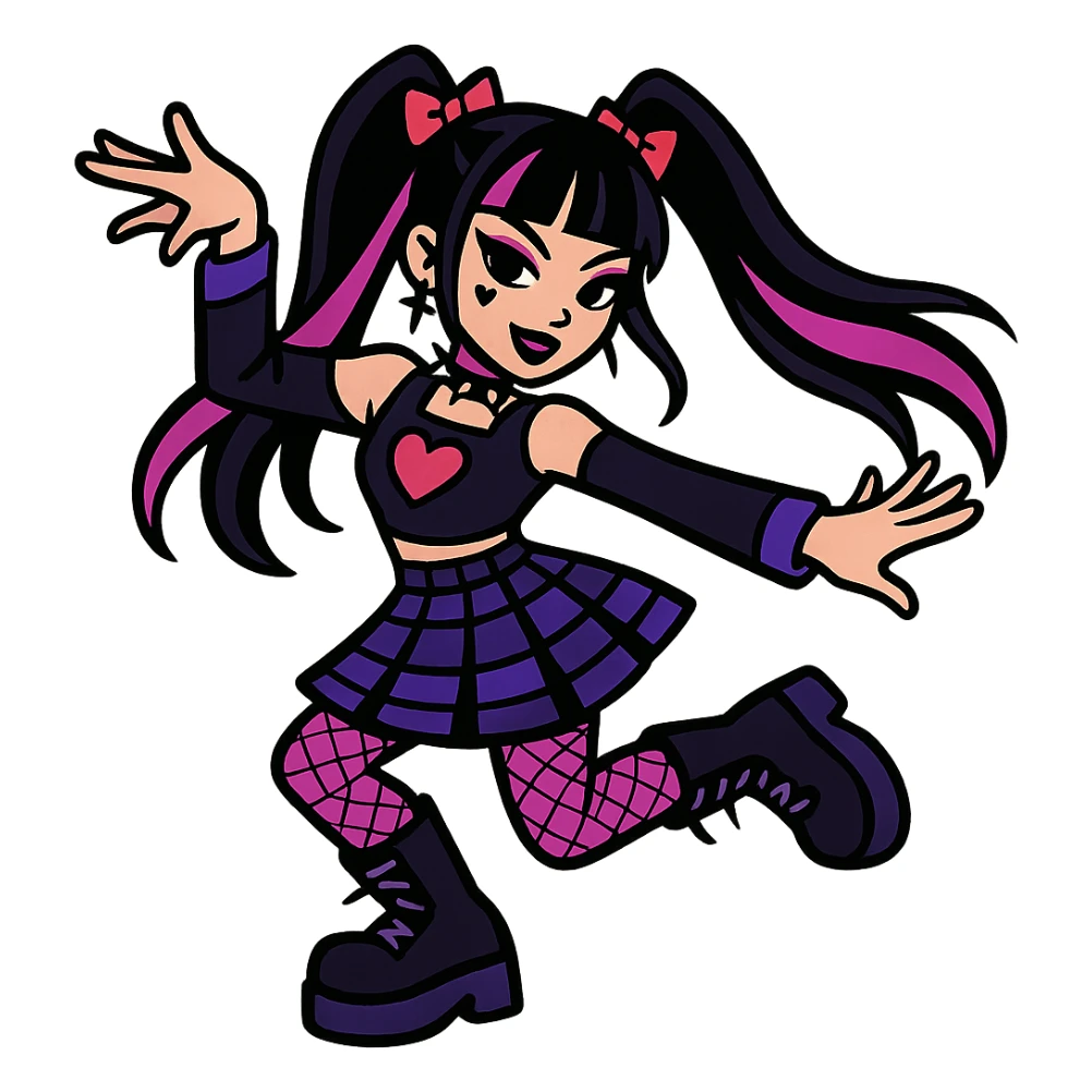 K-pop inspired gothic girl, vibrant toon style, bold colors, playful gothic fashion, dynamic dance pose sticker