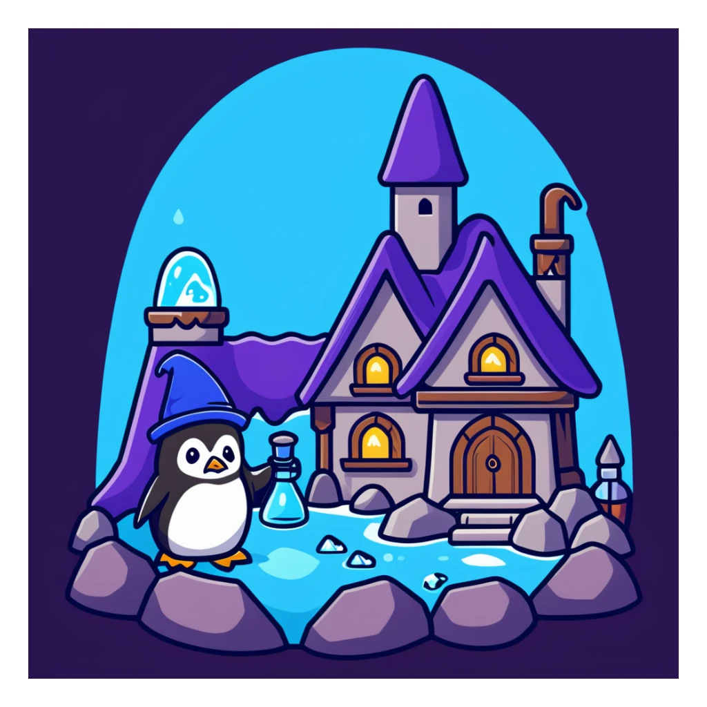 Cozy wizard's cottage for a penguin, ice cave with magical blue glow and potion bottles sticker