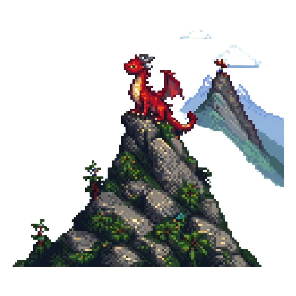 pixel art dragon perched on a mountain, RPG style, soft lighting, retro game aesthetic sticker