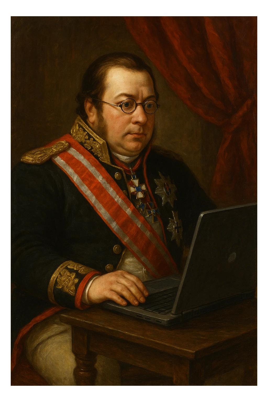 Павел Николаевич Демидов сидит за ноутбуком и что-то изучает в мониторе, рисованный стиль sticker