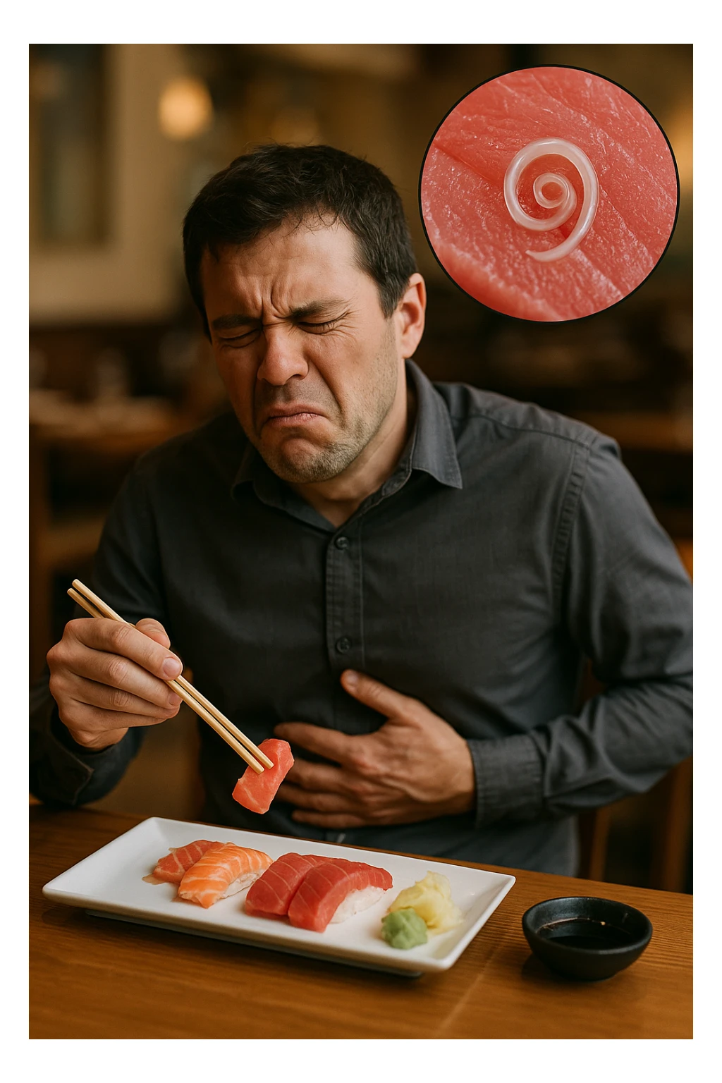 a man sits at a restaurant table, eating a plate of raw fish (such as sushi or sashimi). In a magnified inset, an Anisakis larva is visible inside a piece of fish. The man’s expression changes from enjoyment to sudden discomfort, holding his stomach with a pained look. The background is softly blurred, focusing on the man and the food. in italiano sticker