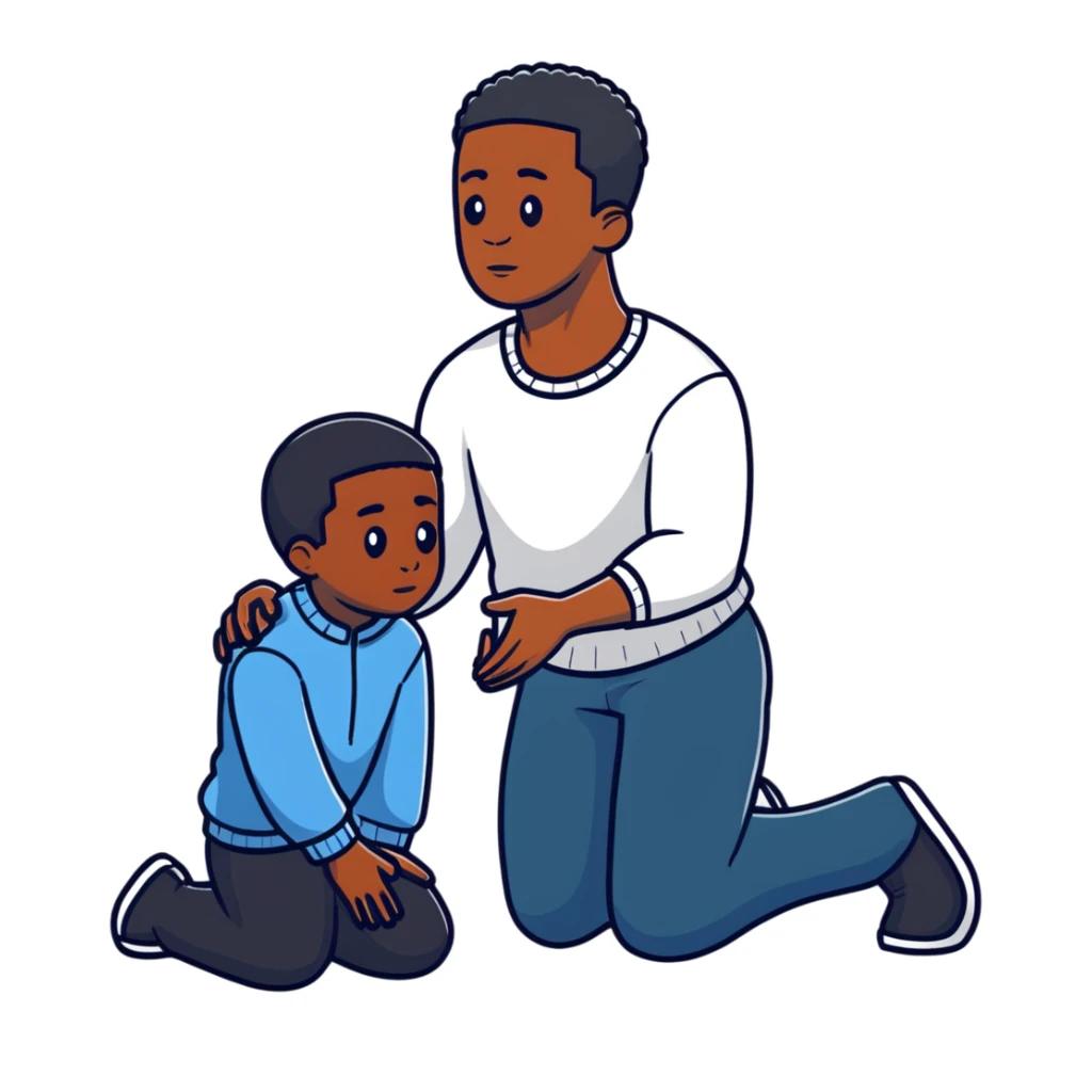 Black man kneeling down in front of white man, respectful pose sticker