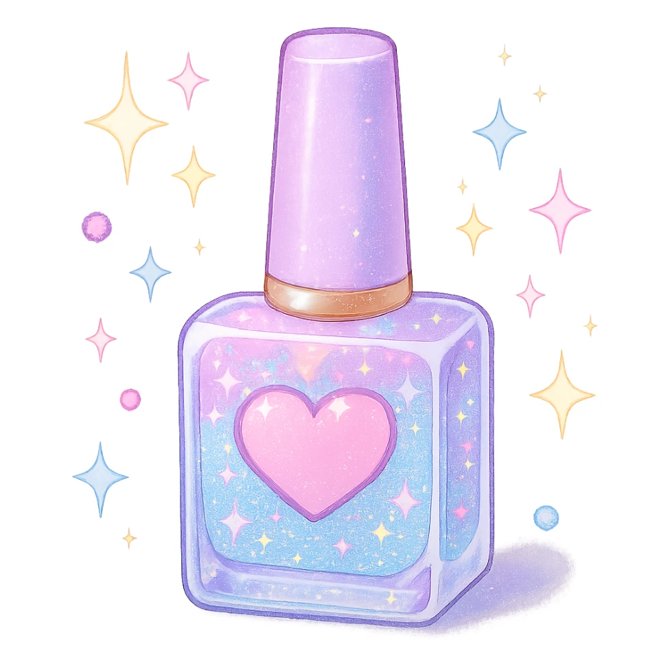 girly sparkling nail polish bottle, pastel colors, cute sticker