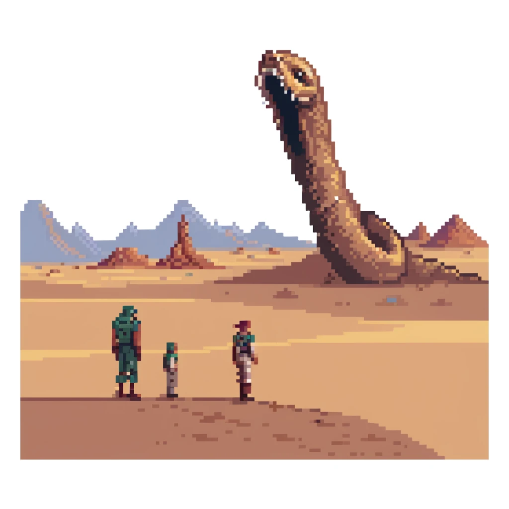 Dune's Arrakis landscape, sandworm erupting from the desert in the midground, three people in the foreground, rocky background, dusk sky, in a pixel art style sticker