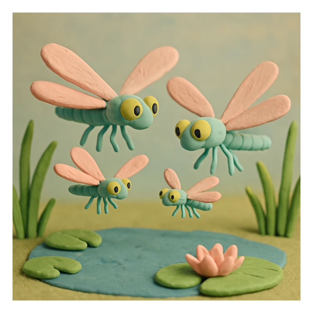 claymation style dragonfly family, two large and two small dragonflies hovering together above a pond, soft pastel colors, playful and gentle scene sticker