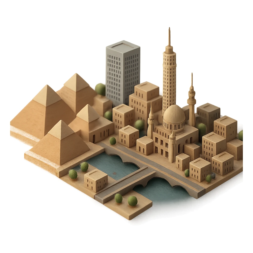 Isometric minimalistic illustration of Cairo, subtle 3D miniature effect and Tilt Shift effect, no cartoonish look, transparent background. sticker