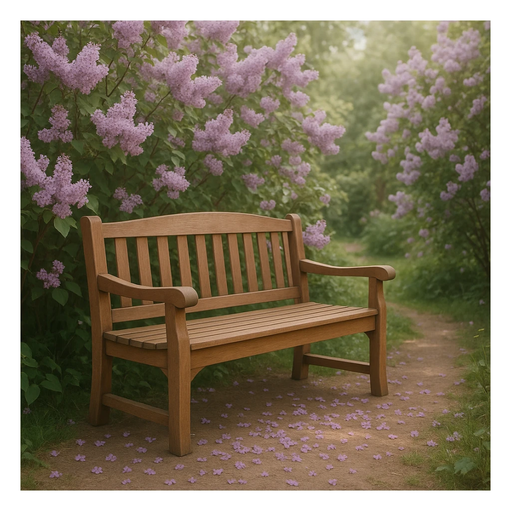 A simple garden bench with lilac flowers growing around it, petals scattered on the ground, tranquil mood sticker