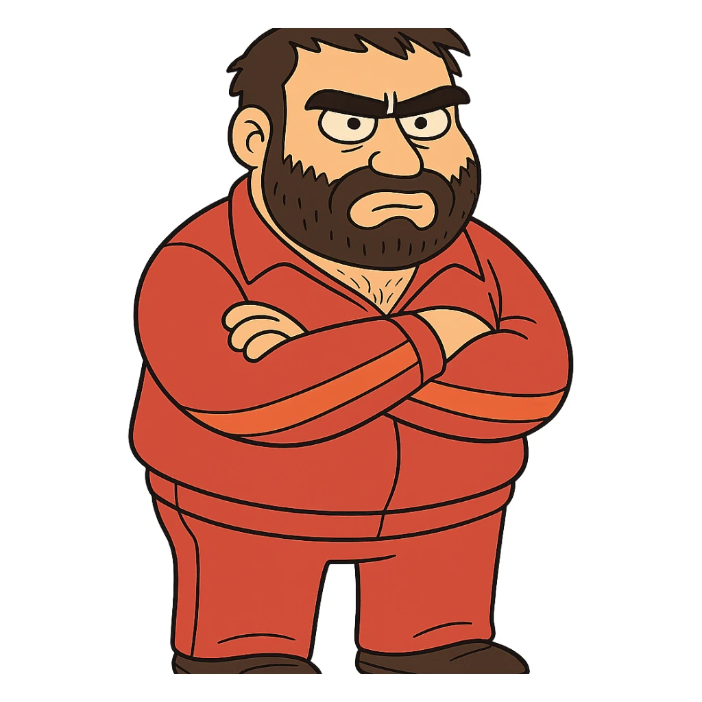 Recep İvedik, comedic Turkish character with bushy mustache, thick eyebrows, red tracksuit, looking grumpy and expressive, cartoon style sticker