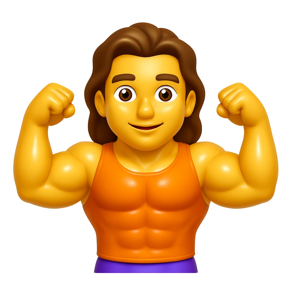 Create an emoji that looks exactly like the reference image in iOS emoji style. The emoji should have 3D appearance, shiny surface, smooth gradients, soft shadows, a muscular body, an expressive face, and hair. Add a glossy effect to the skin while preserving the iOS emoji style. sticker