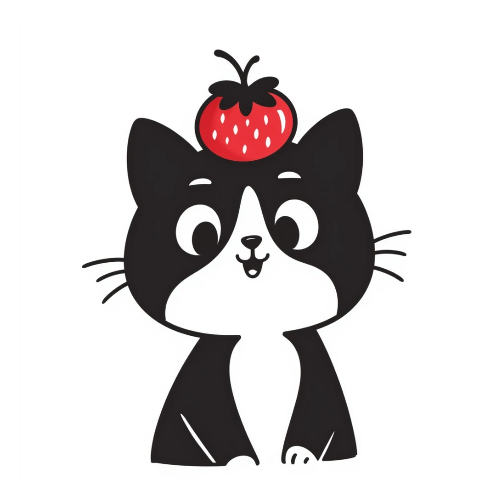 hand drawn doodle of a cat with a strawberry on its head sticker