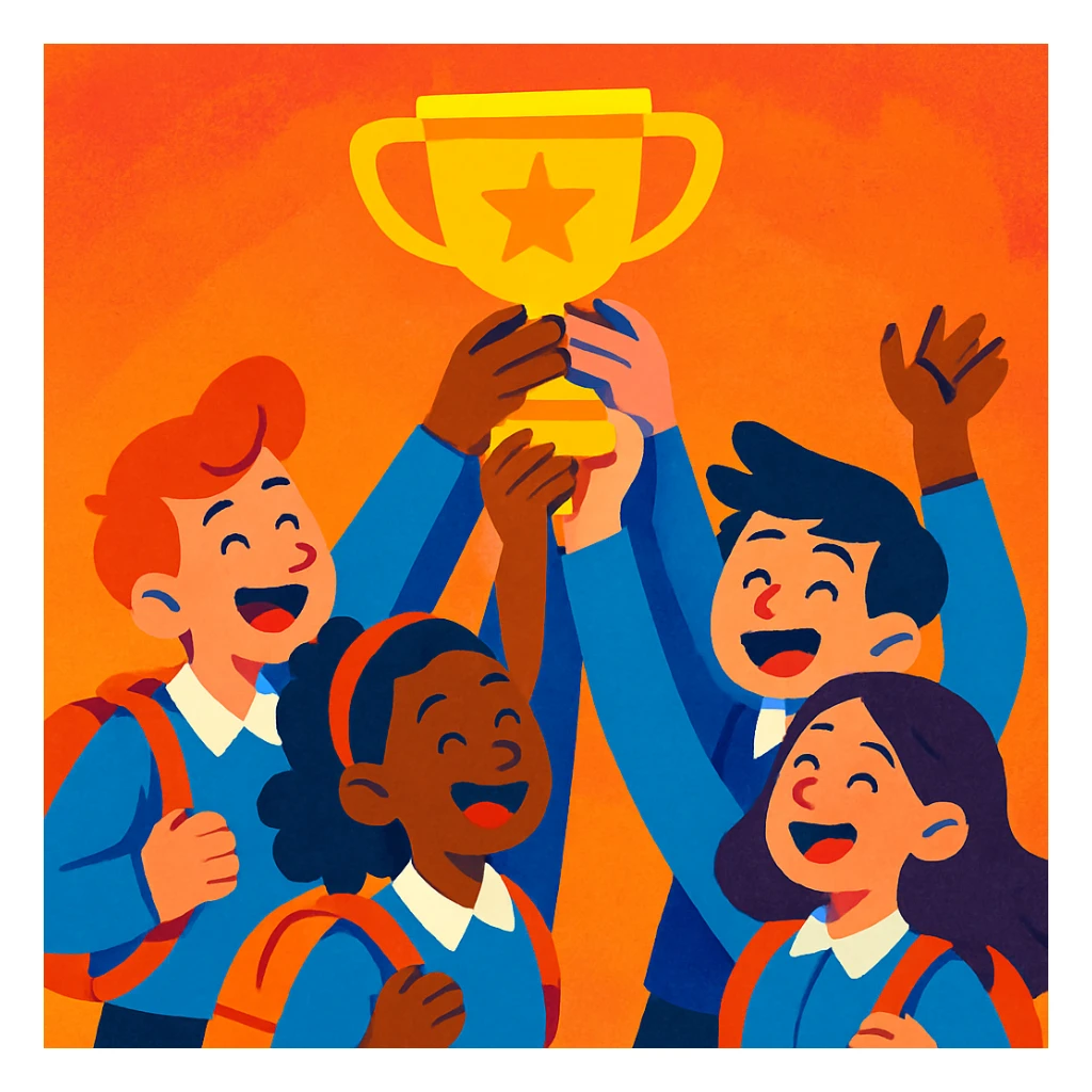 four students in a warm atmosphere lifting a trophy, expressive illustration style, vivid colors sticker